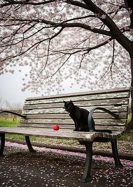 Black cat on bench under cherry blossoms