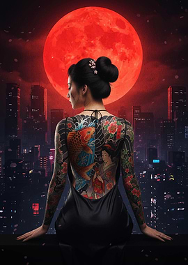 Tattooed Woman with Red Moon Backdrop