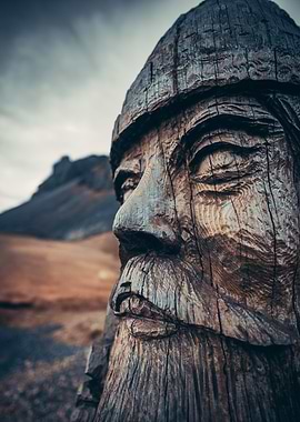 Wooden Viking Statue in Landscape