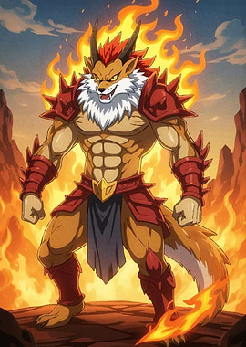 Fiery Anthropomorphic Wolf Warrior