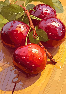 Luscious Cherries with Water Droplets