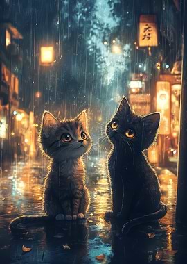 Two Cats in Rainy Cityscape