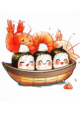 Cute Sushi and Shrimp Boat Illustration