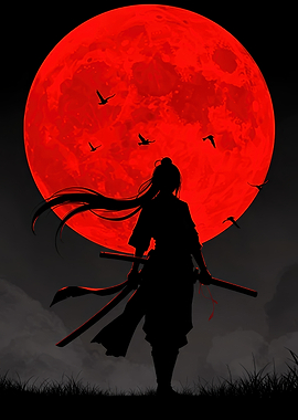 Silhouette Samurai Under Red Moon