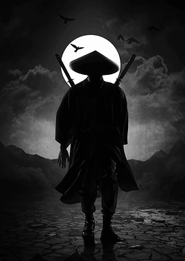 Silhouette of a Samurai in Moonlight