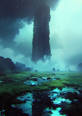 Mystical Landscape with Towering Structure