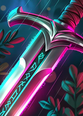Neon Sword with Runes Digital Art