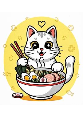 Cartoon Cat Enjoying Ramen Bowl
