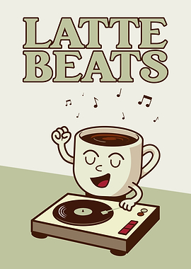 Latte Beats Coffee DJ Poster. Funny Retro Kitchen Cafe Art