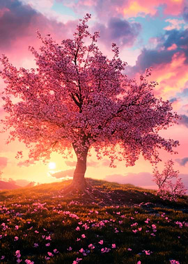 Cherry Blossom Tree at Sunset