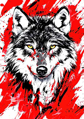 Wolf Portrait with Red Splatter