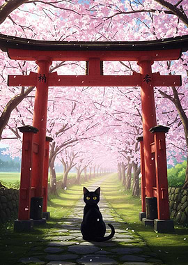 Black Cat Under Cherry Blossom Torii