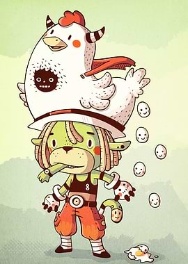 Cartoon Character with Chicken Hat