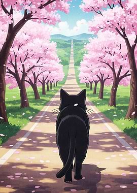Black Cat Walking Under Cherry Blossoms