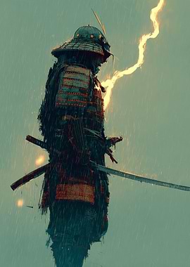 Samurai in Rain with Lightning
