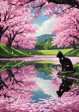 Black cat under cherry blossom trees