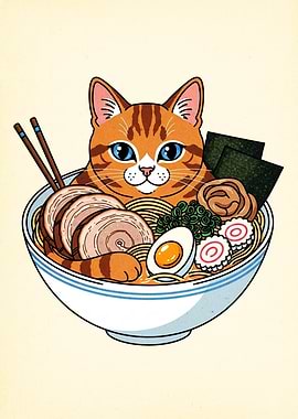 Cat in Ramen Bowl Illustration