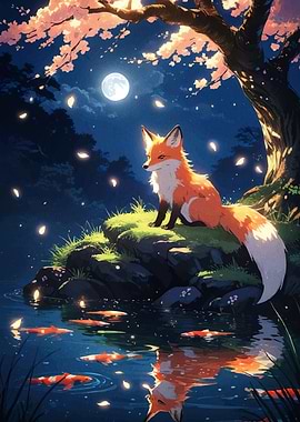 Fox and Koi Pond Moonlight
