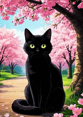 Black Cat in Cherry Blossom Garden