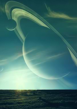 Planetary Landscape with Rings and Moons