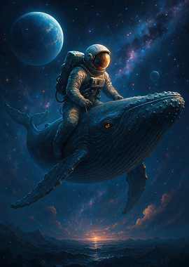 Astronaut riding a whale in space