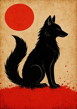 Black Fox and Red Sun Art
