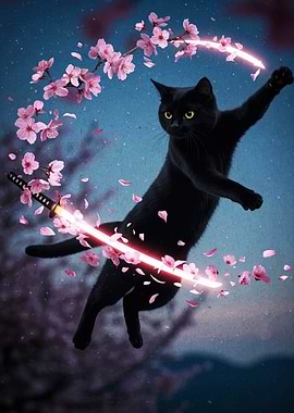 Black Cat Samurai with Cherry Blossoms