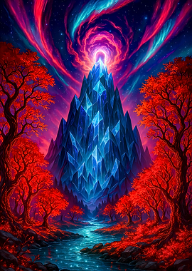 Crystal Mountain Landscape with Red Trees