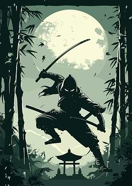 Ninja in Bamboo Forest Under Moonlight