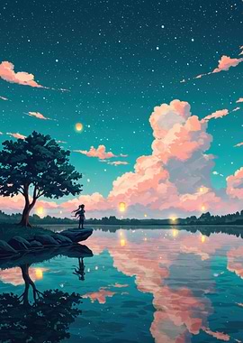 Anime Girl at Lake with Lanterns