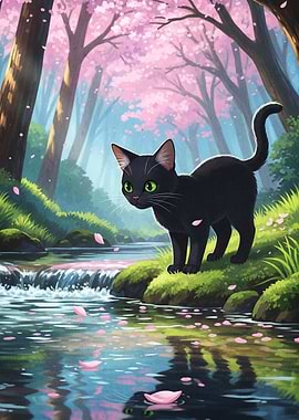 Black cat in cherry blossom forest