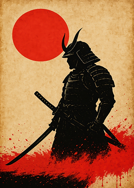 Samurai Warrior Silhouette with Red Sun