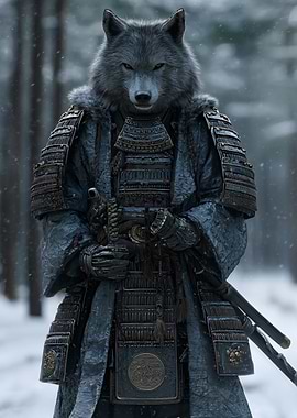 Wolf Samurai in Snowy Forest