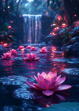 Pink Lotus Flowers in a Waterfall Setting