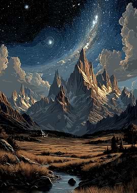 Mountain Landscape Under Starry Night Sky