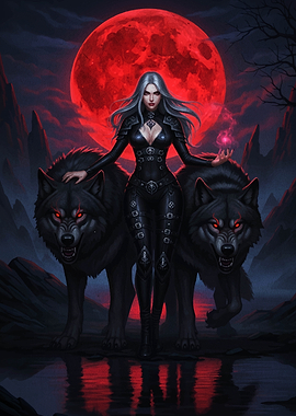 Fantasy Woman with Wolves and Red Moon
