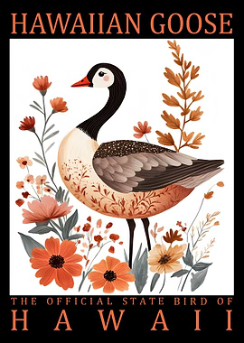 Hawaiian Goose Illustration with Floral Accents