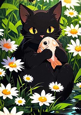 Black cat with fish in daisies