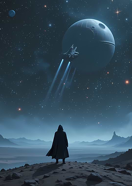 Sci-Fi Scene: Cloaked Figure and Spaceship