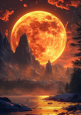 Fiery Moon Over Mountain Landscape