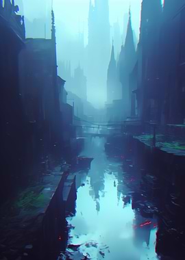 Misty Cityscape with Waterway