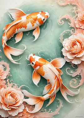 Koi Harmony — Two Orange Koi Swimming Among Peach Roses