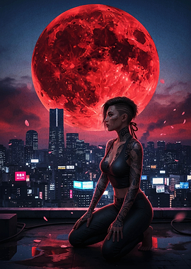 Cyberpunk Girl with Red Moon