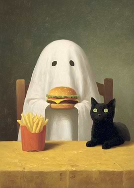 Ghost, Cat, Burger, and Fries Painting
