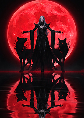 Fantasy Witch with Wolves and Red Moon