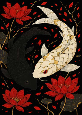 Yin Yang Koi Fish with Lotus