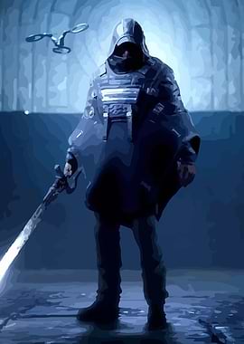 Hooded Figure with Glowing Sword and Drone