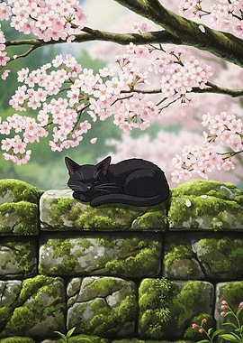 Sleeping Black Cat Under Cherry Blossoms