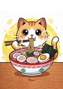 Cat Eating Ramen Cartoon Illustration