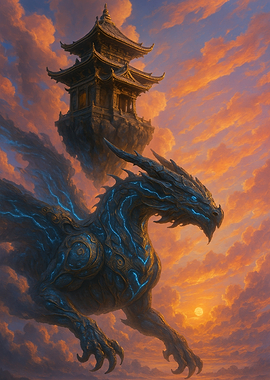 Dragon and Floating Pagoda at Sunset
